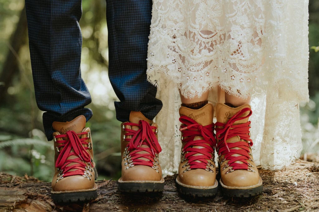 Bride and groom wearing hiking boots for their redwoods elopement