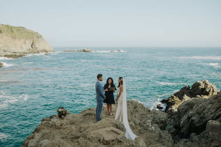 Bride and grooms intimate wedding ceremony at Partington Cove